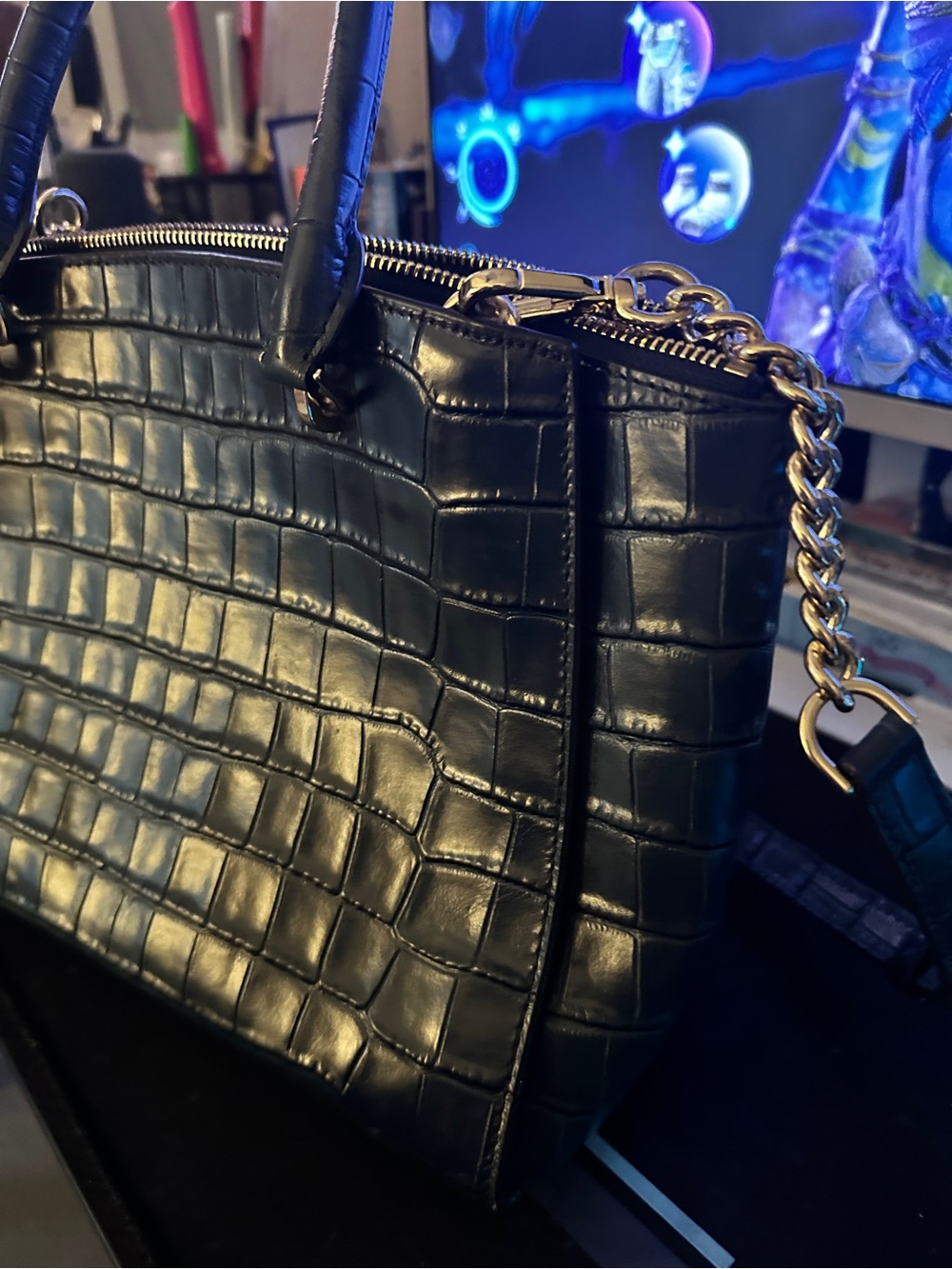 NWOT Michael Kors Croc Embossed Leather Bag Black Gold Chain Shoulder Crossbody - Picture 13 of 16